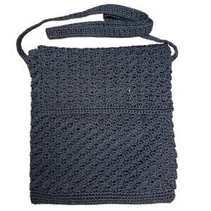 Vintage The Sak Black Crochet Knit Crossbody Shoulder Bag Retro Boho Hippie